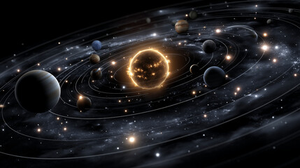 Illustration of the solar system with the Sun at the center and planets orbiting in elliptical paths, realistic arrangement of Mercury, Venus, Earth, Mars, Jupiter, Saturn, Uranus