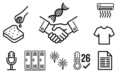 Various Line Icons for Business, Health, and Daily Life Concepts in Simple Black and White Style