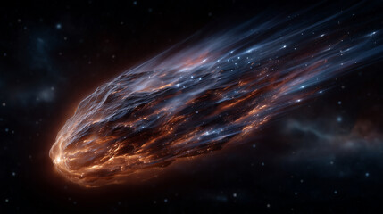Bright fiery meteor flying through deep space against a dark starry sky, glowing asteroid with long burning tail, intense orange and blue plasma flames, dramatic motion and speed,