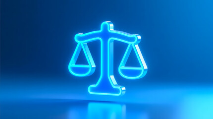 3D rendering of an elegant financial balance scale icon in a glowing neon blue style.
