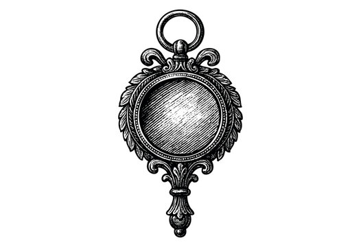 A detailed black and white illustration of an antique oval locket with ornate swirling patterns, leaves, and a hanging ring, perfect for design or conceptual use.