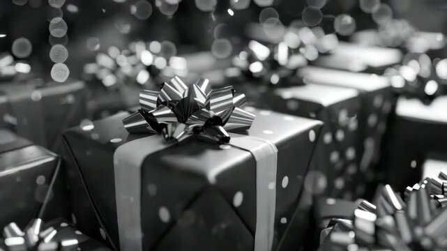 A festive collection of beautifully wrapped presents ready for gifting during the holiday season. The scene is set against a blurred backdrop that adds to the magical atmosphere.