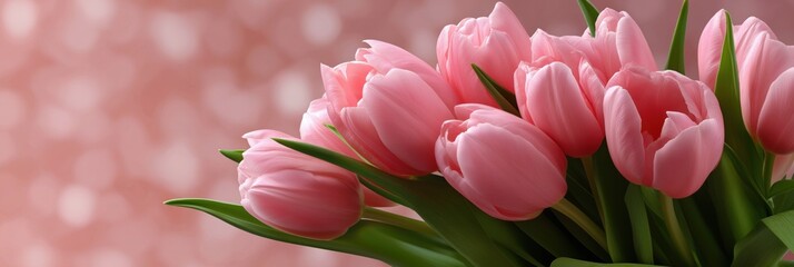 Obraz premium Beautiful pink tulips with green leaves against a soft bokeh background