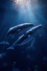 Fototapeta premium Majestic humpback whales in tranquil ocean depths beneath sunlit waters