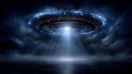 Realistic UFO alien spaceship hovering in dark empty space, classic flying saucer shape with metallic surface, strong blue-white light beam shining straight down to the ground, ill