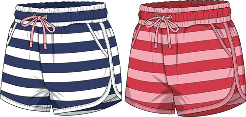 Striped summer beach shorts illustration, blue and red drawstring swimwear design, casual fashion apparel vector art isolated on white background minimal modern graphic style