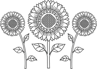 Hand, drawn, sunflower, floral, line, art, vector, illustration, decorative, botanical, flower, outline, engraving, style, nature, design, for, print, textile, tattoo, logo, coloring, page, isolated