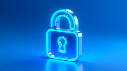Illustrator symbol: a secure finance lock icon with a vibrant neon-blue frame, symbolizing data protection and cryptographic security, set against a solid futuristic blue neon background.