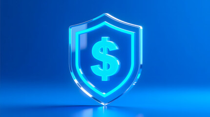 A stylized shield icon with a currency symbol seamlessly integrated into its center, all in glowing blue, set against a pure, solid futuristic blue neon background.
