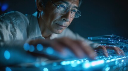 A focused, middle-aged person with glasses and a white shirt examining glowing, blue-hued fiber optics