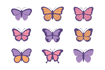 Colorful Butterfly Icons in Purple, Pink, and Orange on White Background