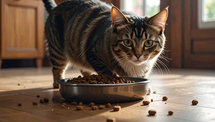 Striped tabby cat approaches a bowl of kibble on a hardwood floor, with a blurry background
