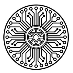 Digital Circuit Mandala Emblem – Futuristic Technology Line Art Icon