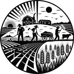 Vintage farm agriculture illustration, rural landscape farmers harvesting crops, wheat fields, barn, sunrise, traditional farming, countryside life, black white circular vector design,