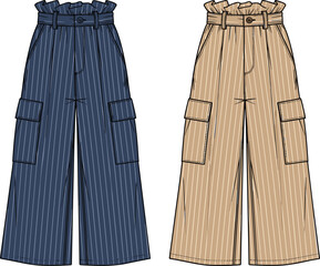 Wide leg cargo pants illustration, striped high waist trousers, fashion technical flat, modern women apparel design, vector clothing template isolated white background studio mockup