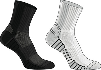 Vector athletic socks illustration, breathable compression design, left and right foot, sportswear apparel, comfort cushioning, modern textile pattern, isolated white background, for fitness training