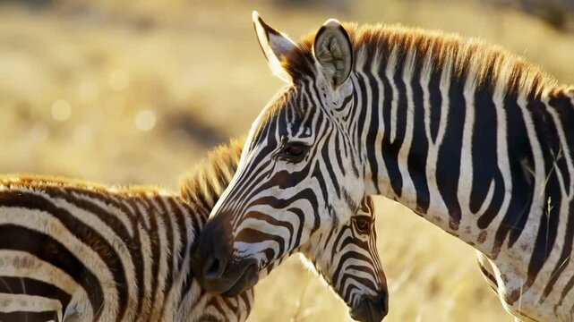 Close-up of a zebra and its foal in a grassy field at golden hour.