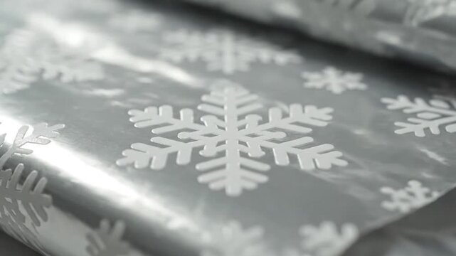 Close up of silver holiday wrapping paper featuring a repeating pattern of white embossed snowflakes for winter celebrations