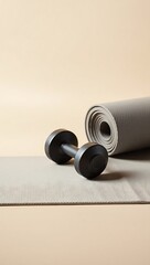 Generative AI depicting a modern workout setup with yoga mat and dumbbells for fitness exercise