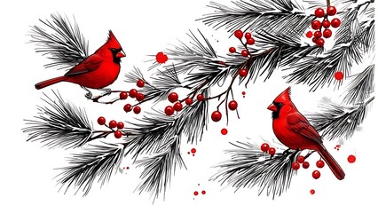 Vivid red birds perch on snowy pine branches adorned with vibrant red berries, a winter scene illustration