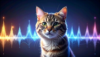 Stripped cat portrait with glowing waveforms in the background, creating a futuristic and colorful atmosphere