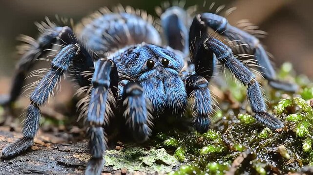 Close-up of a stunning blue tarantula with iridescent hairs, standing on mossy bark, suitable for nature documentaries, wildlife research, and educational segments on arachnids and biodiversity.
