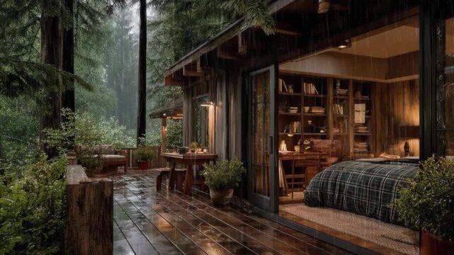 Cozy Forest Cabin Terrace During Rain 4K