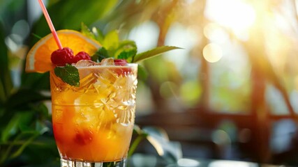 A vibrant cocktail served on a sunny patio with orange slices and raspberries for garnish. The drink is in a frosted glass with a straw, ready to quench your thirst on a warm day.