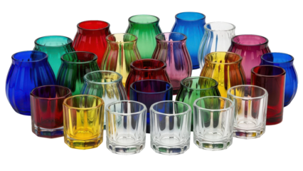 Assorted colorful glass vases and votive holders arranged