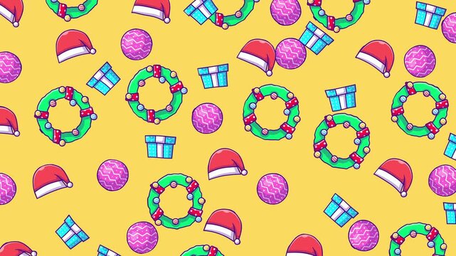 christmas themed pattern featuring gifts, wreaths, ornaments, and santa hats. Perfect for festive backgrounds, wallpapers, greeting cards, and holiday designs.