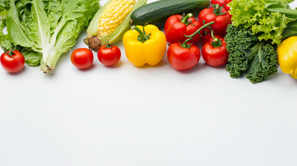 Fresh vegetable border with lettuce kale corn cucumber tomato lemon yellow bell pepper on white background