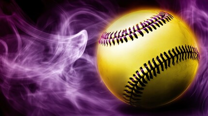 Close-Up of a Bright Yellow Softball with Purple Smoke Swirl in Dramatic Lighting