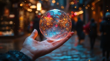 Fototapeta premium Hand holds a luminous orb, depicting a city street at night with bokeh lights, fantasy themed
