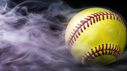 Close-up of a bright yellow softball with red stitching emerging from swirling smoky haze for dramatic sports photography