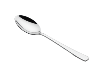 A single minimalist silver tablespoon made of polished stainless steel on a transparent background with copy space. High-end commercial quality concept