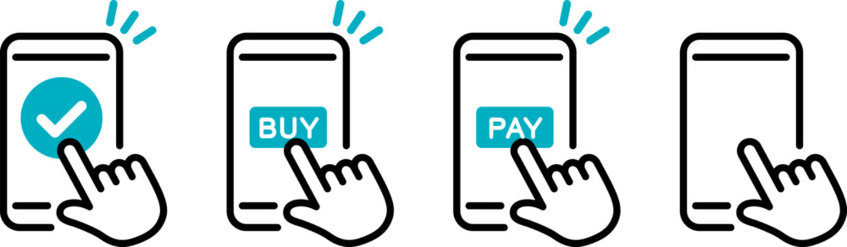 スマートフォンと手のアイコン。タップ。クリック。（Hand touch screen smartphone icon. Click on the smartphone.）
