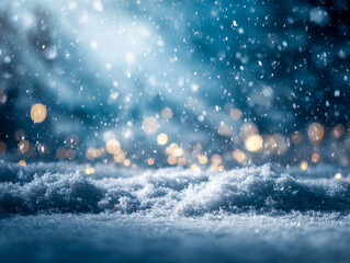 Snow-covered ground with falling snow and soft bokeh lights in the background
