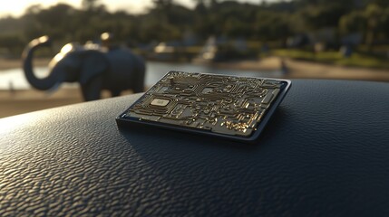 Close-up of a compact keyboard resting on a car dashboard with an elephant figurine in the distance