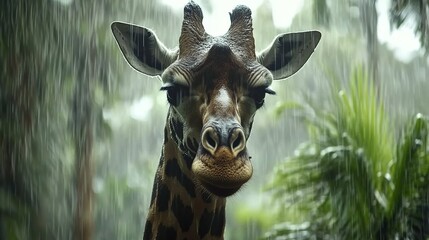 Close-up of a curious giraffe under heavy rain in a lush jungle setting
