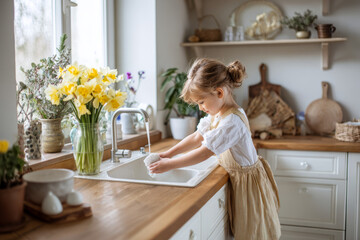 Little girl washing dishes in a brightly lit cottage kitchen with spring flowers for household chores and early childhood development concept