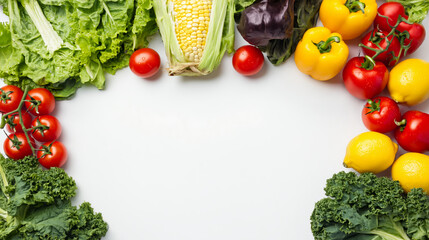 Fresh lettuce kale corn cucumber tomato lemon yellow bell pepper vegetables border on white background