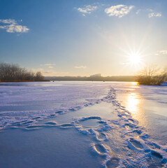 frozen river with forest on coast at the sunset © Yuriy Kulik