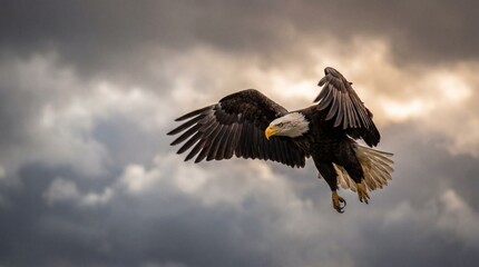 Obraz premium Bald eagle flying in cloudy sky with wings spread