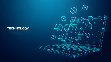 An abstract low poly wireframe illustration of a laptop with network nodes and cubes hovering, illuminated in blue, on a gradient background, depicting modern technology