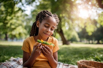 A young african american child with braided hair sits in a park, smiling happily while holding a fresh sandwich