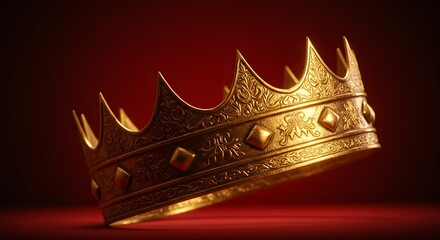 Detailed Medieval Style Golden Crown with Intricate Filigree Floating on a Red Background