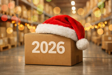 Merry Christmas 2026 logistics trend concept with happy shipping box wearing red santa hat for ecommerce delivery industry