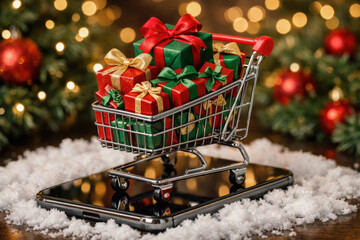 Happy modern trend for christmas ecommerce shopping online with smartphone cart full of gift box over snow background