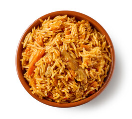 ceramic bowl of spicy rice with chicken meat and carrots isolated on white background