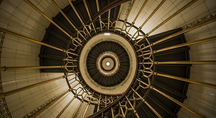 Looking Up View of a Beautiful Spiral Staircase in a Historic Building with Golden Accents